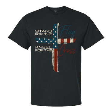 Patriot Pride Men's Graphic T-Shirt - Stand for the Flag, Kneel for the Cross, American Flag Cross Design-Black-medium