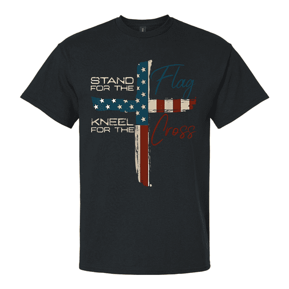 Patriot Pride Men's Graphic T-Shirt - Stand for the Flag, Kneel for the Cross, American Flag Cross Design-Black-xl