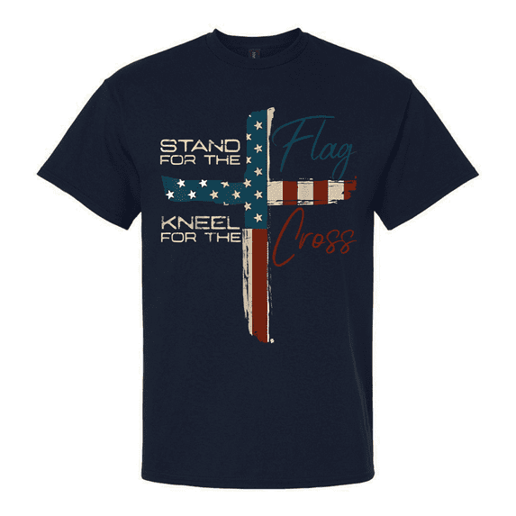 Patriot Pride Men's Graphic T-Shirt - Stand for the Flag, Kneel for the Cross, American Flag Cross Design-Navy-small