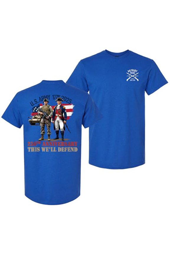 Patriot Pride Men’s Graphic T-Shirt – U.S. Army 250th Anniversary This We’ll Defend 1775–2025 Military Tribute Design, Antique Royal, Small
