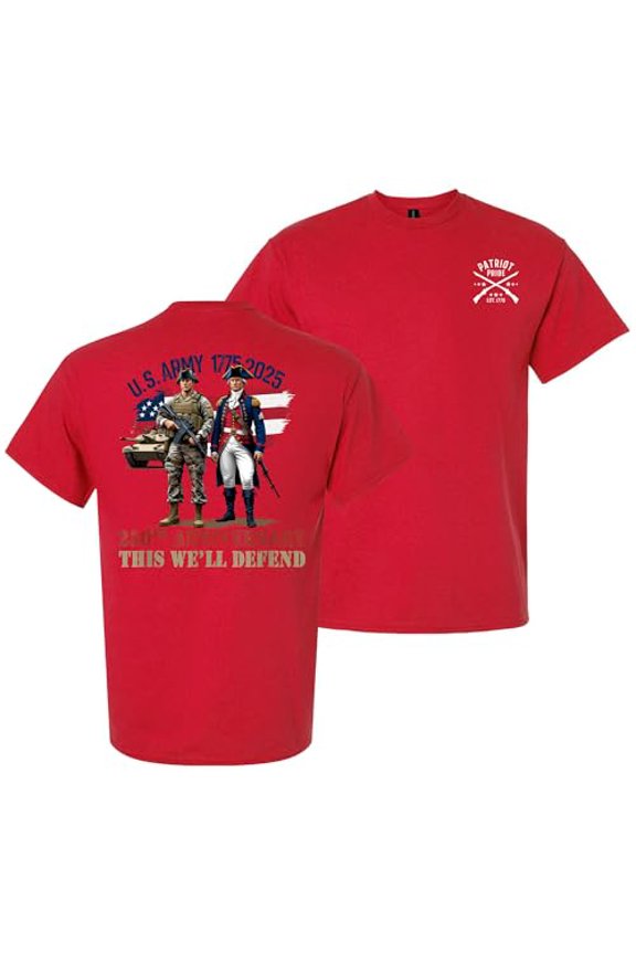 Patriot Pride Men’s Graphic T-Shirt – U.S. Army 250th Anniversary This We’ll Defend 1775–2025 Military Tribute Design, Red, Small
