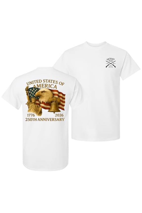 Patriot Pride Men’s Graphic T-Shirt – United States of America 250th Anniversary 1776–2026 Liberty, Eagle & Flag Design, White, 6XL