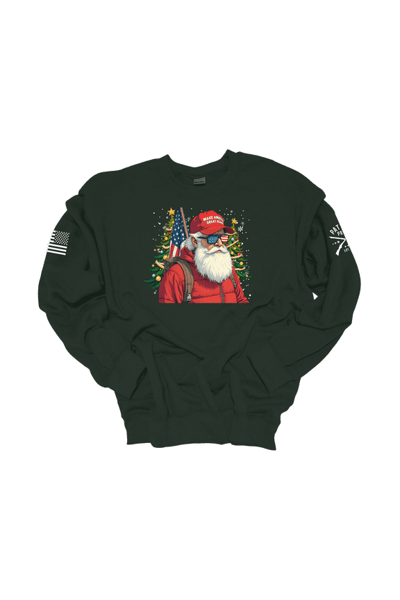 Patriot Pride Men's Political Christmas Santa Claus Wearing Trump MAGA Cap Crewneck Sweatshirt-Forest Green-3X-Large