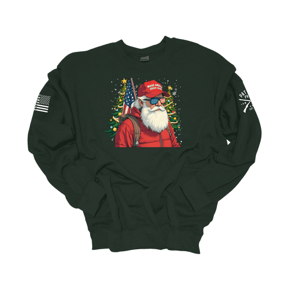 Patriot Pride Men's Political Christmas Santa Claus Wearing Trump MAGA Cap Crewneck Sweatshirt-Forest Green-X-Large