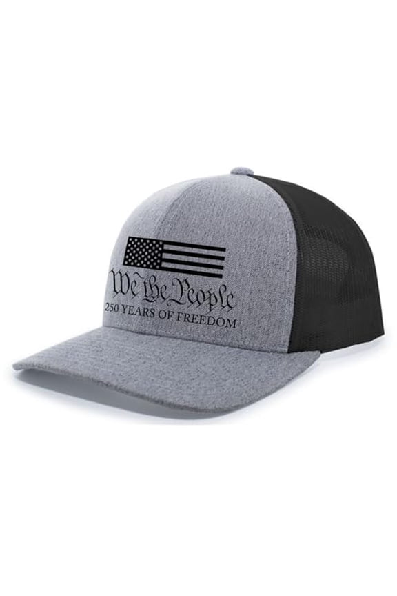 Patriot Pride Men's Political Snapback Mesh Trucker Hat - American Flag We The People, 250 Years of Freedom Design-Heather Grey/Black