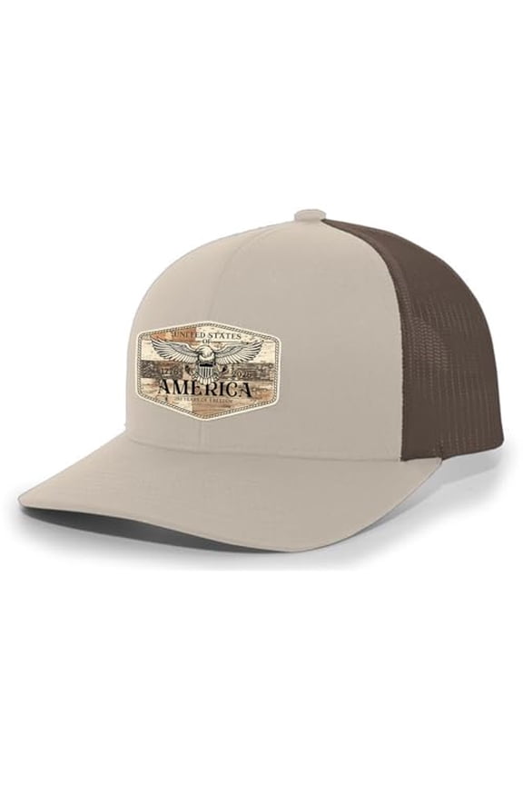 Patriot Pride Men's Snapback Mesh Trucker Hat - America 250 Year of Freedom Spread Eagle Wings Wood Patch, Khaki/Brown