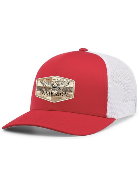 Patriot Pride Men's Snapback Mesh Trucker Hat - America 250 Year of Freedom Spread Eagle Wings Wood Patch, Red/White