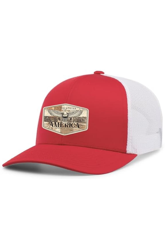 Patriot Pride Men's Snapback Mesh Trucker Hat - America 250 Year of Freedom Spread Eagle Wings Wood Patch, Red/White