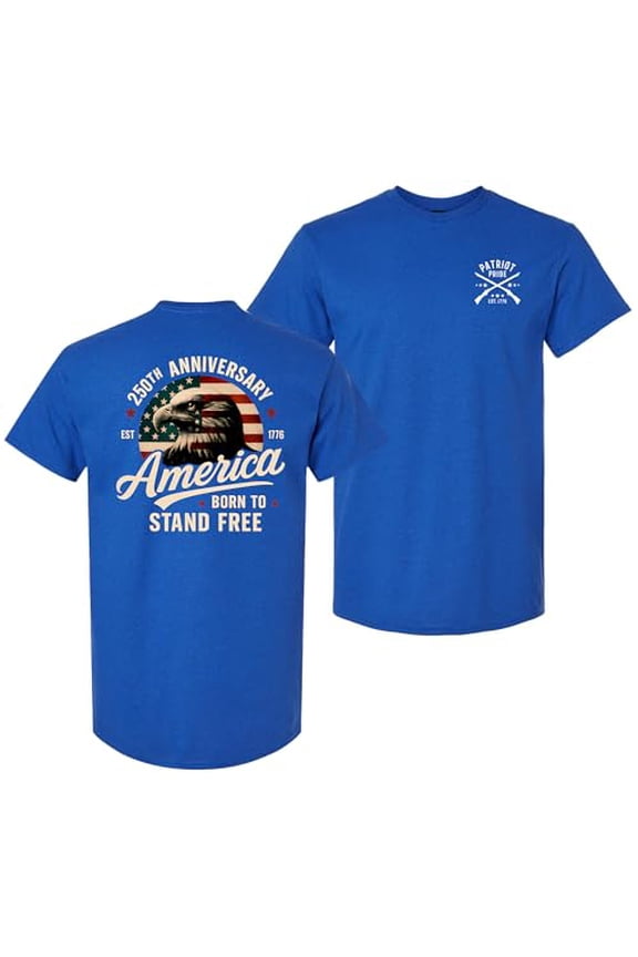 Patriot Pride Men’s T-Shirt – 250th Anniversary of America, Born to Stand Free, Eagle Design, Antique Royal, 3X-Large