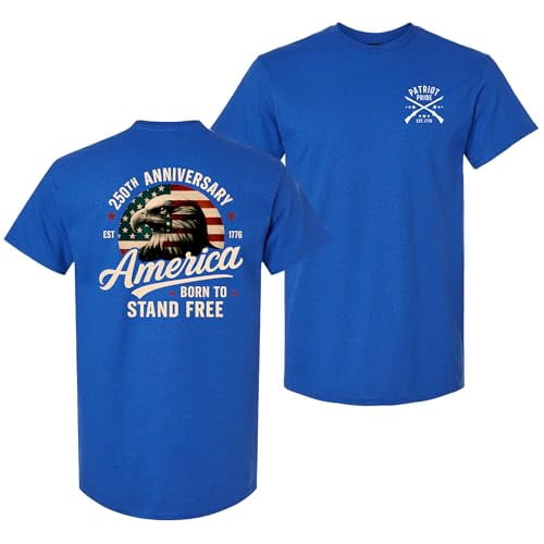 Patriot Pride Men’s T-Shirt – 250th Anniversary of America, Born to Stand Free, Eagle Design, Antique Royal, Large