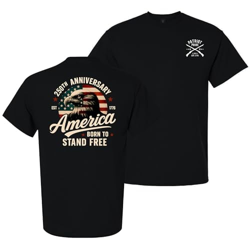 Patriot Pride Men’s T-Shirt – 250th Anniversary of America, Born to Stand Free, Eagle Design, Black, X-Large