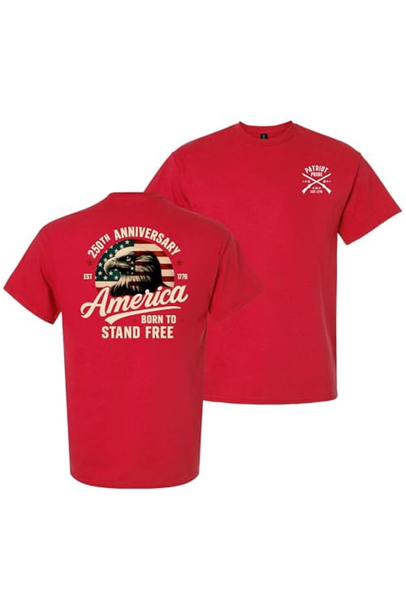 Patriot Pride Men’s T-Shirt – 250th Anniversary of America, Born to Stand Free, Eagle Design, Red, Large