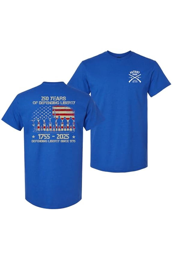 Patriot Pride Men’s T-Shirt – 250th Anniversary of Defending Liberty, Soldiers in USA Flag Design, Antique Royal, Small