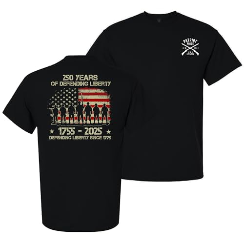 Patriot Pride Men’s T-Shirt – 250th Anniversary of Defending Liberty, Soldiers in USA Flag Design, Black, 5X-Large