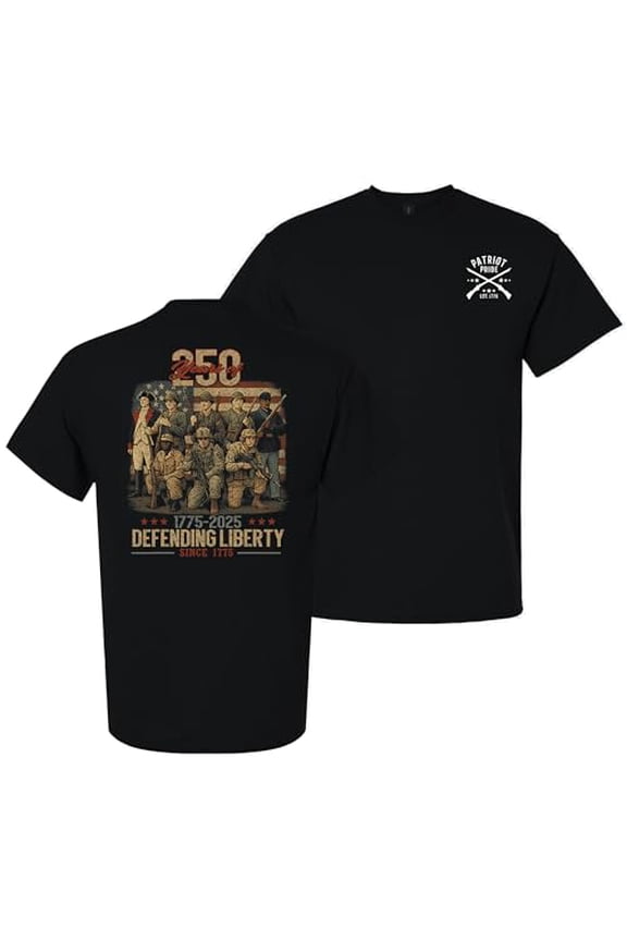 Patriot Pride Men’s T-Shirt – 250th Anniversary of Defending Liberty, Soldiers in USA Flag Design, Black, Small