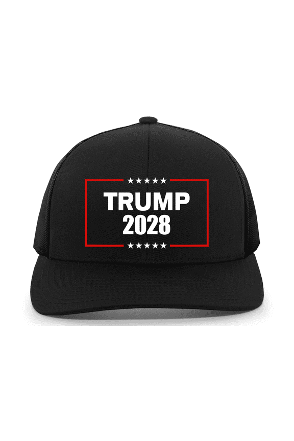 Patriot Pride Men's Trump 2028 Stars Embroidered Snapback Trucker Hat - Mesh Back Design, Black/Black