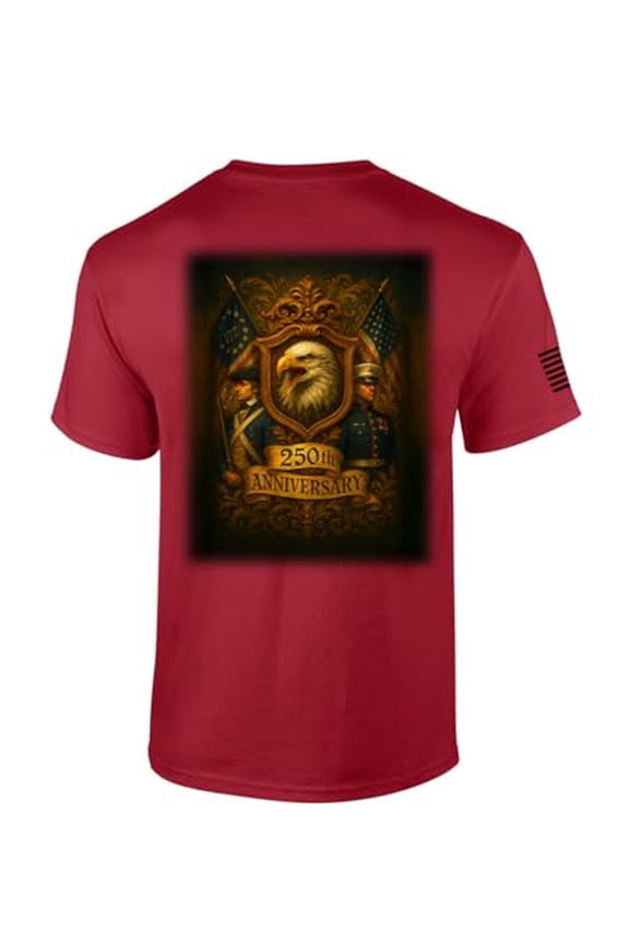 Patriot Pride Men's USA 250th Anniversary Historic Eagle & Soldiers Symbolism Short Sleeve T-Shirt, Patriotic Shirts for Men, Cardinal-X-Large