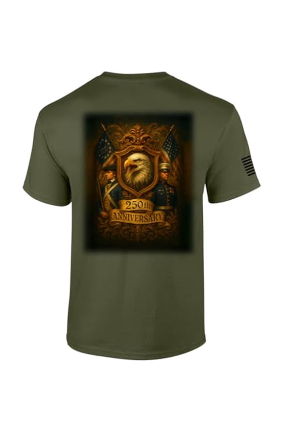 Patriot Pride Men's USA 250th Anniversary Historic Eagle & Soldiers Symbolism Short Sleeve T-Shirt, Patriotic Shirts for Men, Military Green-XX-Large