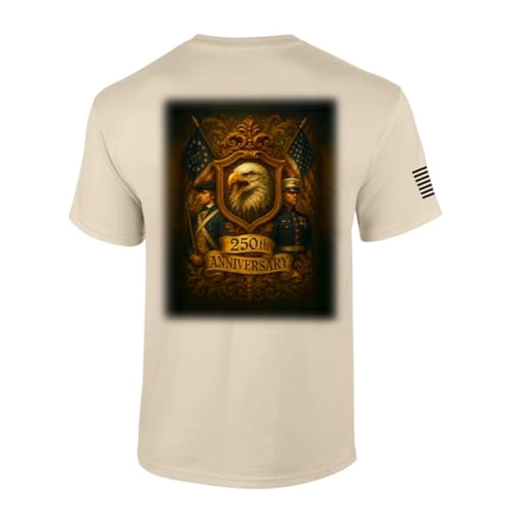 Patriot Pride Men's USA 250th Anniversary Historic Eagle & Soldiers Symbolism Short Sleeve T-Shirt, Patriotic Shirts for Men, Sand-6X-Large