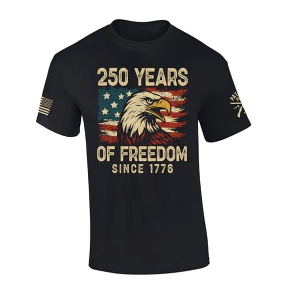 Patriot Pride Men's USA Eagle Distressed Flag 250 Years of Freedom Short Sleeve T-Shirt, Patriotic Shirts for Men, Black-Medium