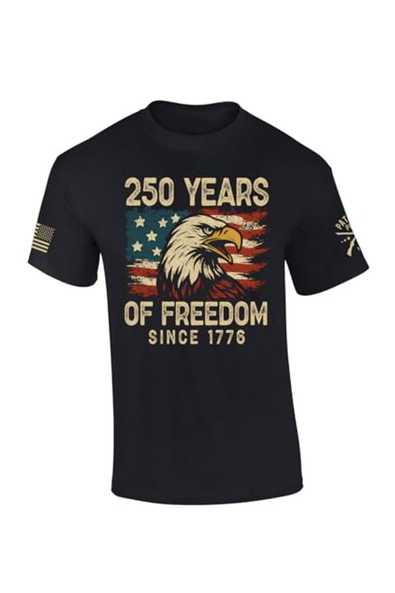 Patriot Pride Men's USA Eagle Distressed Flag 250 Years of Freedom Short Sleeve T-Shirt, Patriotic Shirts for Men, Black-X-Large