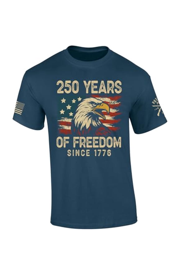 Patriot Pride Men's USA Eagle Distressed Flag 250 Years of Freedom Short Sleeve T-Shirt, Patriotic Shirts for Men, Blue Dusk-Medium