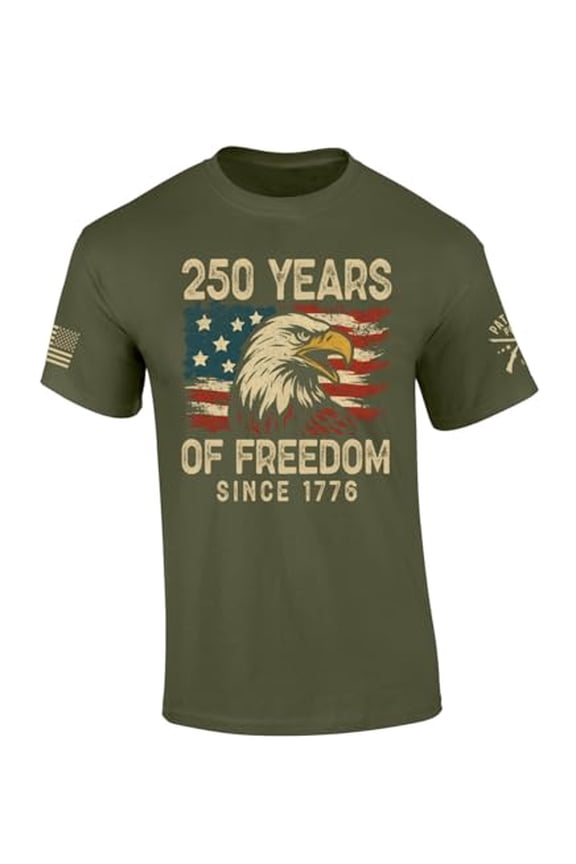 Patriot Pride Men's USA Eagle Distressed Flag 250 Years of Freedom Short Sleeve T-Shirt, Patriotic Shirts for Men, Military Green-Small