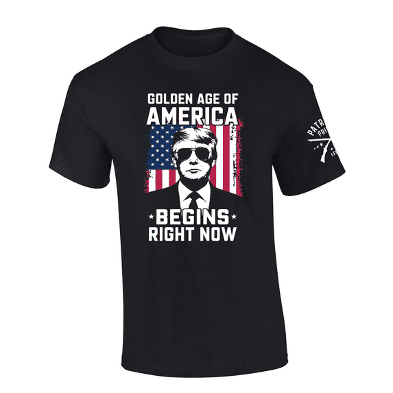 Patriot Pride Mens Donald Trump With Shades Golden Age Of America Begins Right Now Short Sleeve T-Shirt-Black-4xl