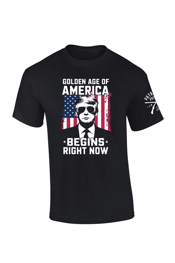 Patriot Pride Mens Donald Trump With Shades Golden Age Of America Begins Right Now Short Sleeve T-Shirt-Black-xl