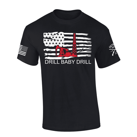 Patriot Pride Mens Drill Baby Drill USA Flag Red Oil Rig Short Sleeve T-Shirt-Black-Medium