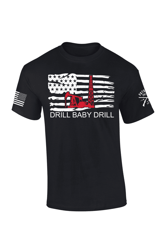 Patriot Pride Mens Drill Baby Drill USA Flag Red Oil Rig Short Sleeve T-Shirt-Black-Small