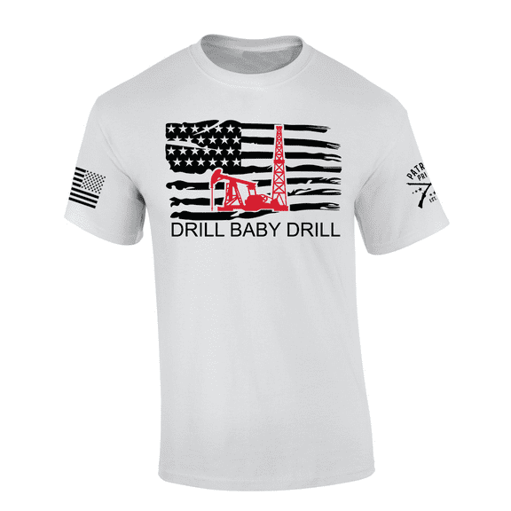 Patriot Pride Mens Drill Baby Drill USA Flag Red Oil Rig Short Sleeve T-Shirt-White-Small