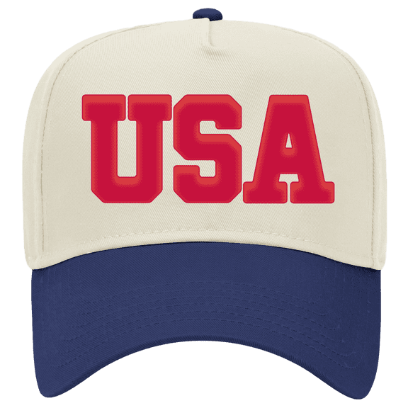 Patriot Pride Mens Embroidered Otto Cap 5 Panel Mid Profile Baseball Cap - Bold USA With Side Flag Design, Royal/Natural