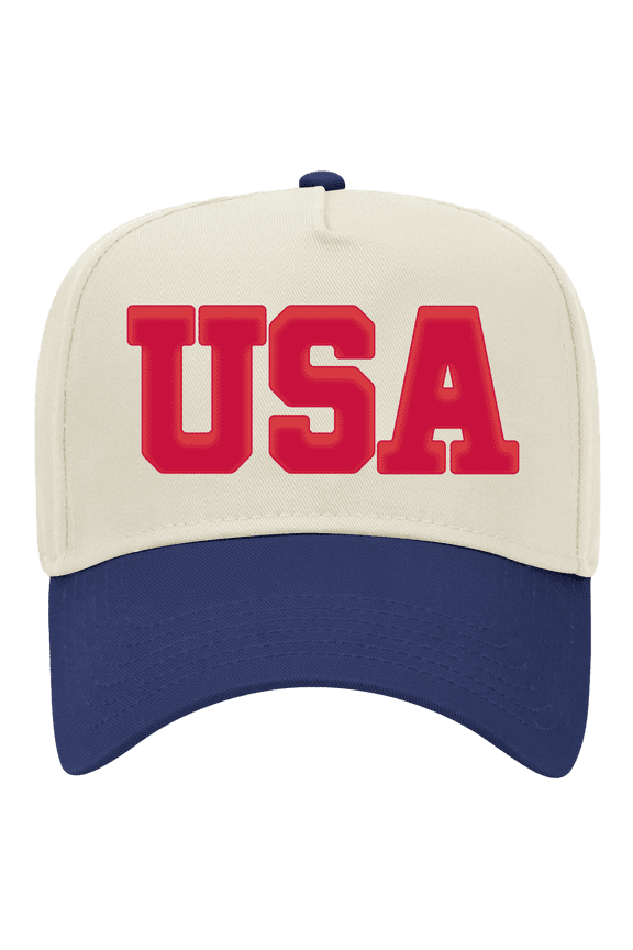 Patriot Pride Mens Embroidered Otto Cap 5 Panel Mid Profile Baseball Cap - Bold USA With Side Flag Design, Royal/Natural