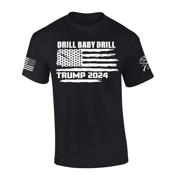 Patriot Pride Mens Trump 2024 Distressed Flag Drill Baby Drill Oil Short Sleeve T-Shirt-Black-4X-Large