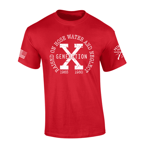 Patriot Pride Raised on Hose Water and Neglect Gen X '65-'80 Graphic Mens T-Shirt - Distressed Short Sleeve Design-Red-medium