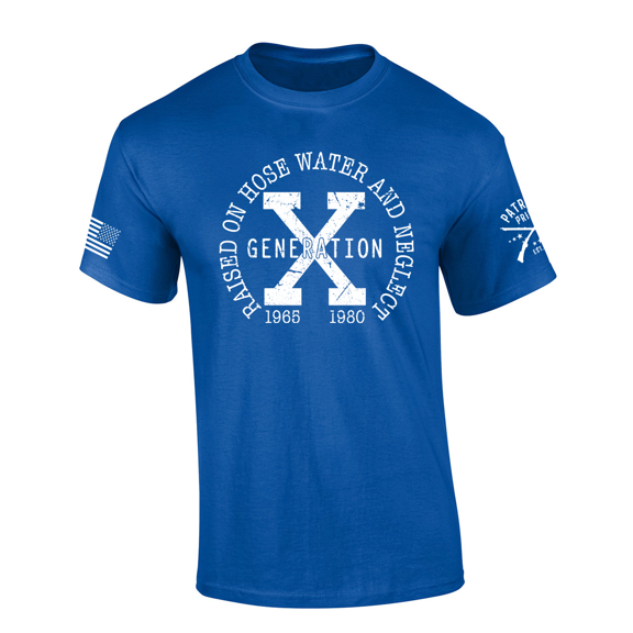 Patriot Pride Raised on Hose Water and Neglect Gen X '65-'80 Graphic Mens T-Shirt - Distressed Short Sleeve Design-Royal-small