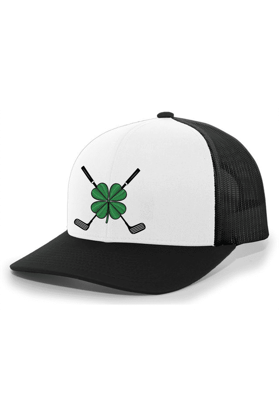 Crossed Clubs Lucky Green Clover Mens Embroidered Mesh Back Trucker Hat, Black/White/White