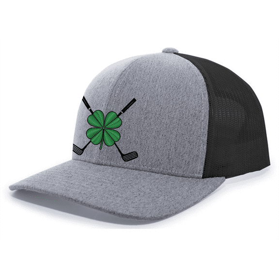 Trenz Shirt Company Crossed Clubs Lucky Green Clover Mens Embroidered Mesh Back Trucker Hat, Heather Grey/Black