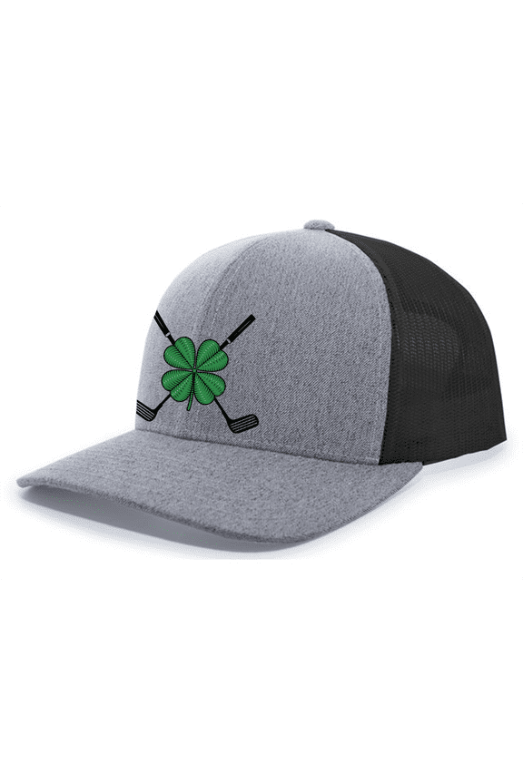 Crossed Clubs Lucky Green Clover Mens Embroidered Mesh Back Trucker Hat, Heather Grey/Black