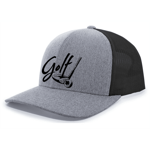Trenz Shirt Company Golf Club Hitting Golf Ball With Clover Mens Embroidered Mesh Back Trucker Hat, Heather Grey/Black