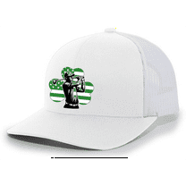 Trenz Shirt Company Man Golfing In American Flag Clover Mens Embroidered Mesh Back Trucker Hat, White/White