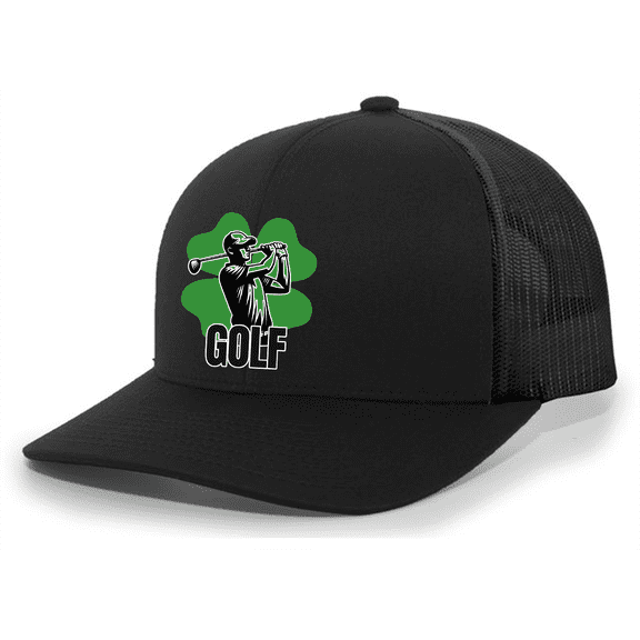 Trenz Shirt Company Man Golfing In Clover Mens Embroidered Mesh Back Trucker Hat, Black/Black