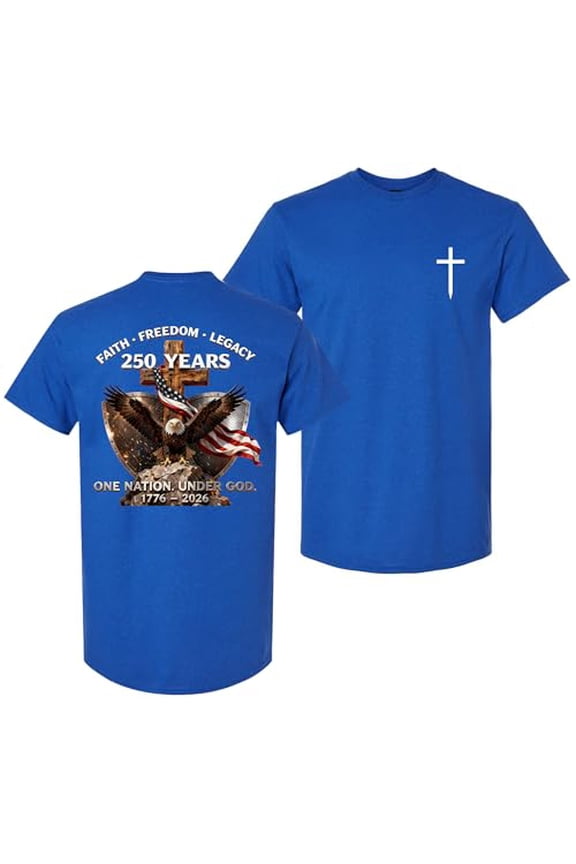Patriot Pride Reckless Patriot Men’s Graphic T-Shirt – 250 Years of Faith, Freedom, Legacy Eagle & USA Flag Design -Antique Royal-Large