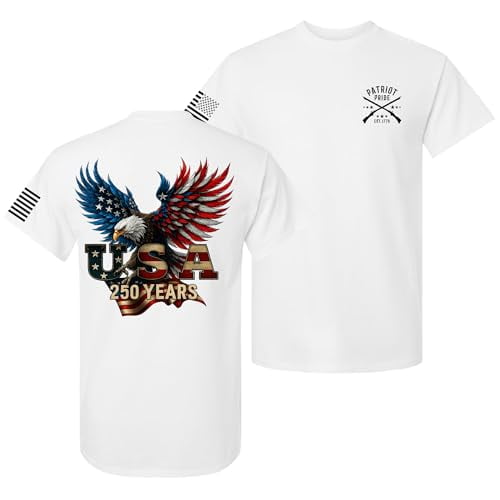 Patriot Pride Reckless Patriot Men’s Graphic T-Shirt – 250 Years of USA with Eagle & American Flag Design, White, Small