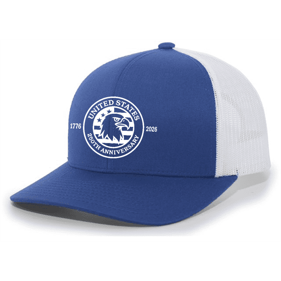 Patriot Pride Reckless Patriot Men’s Mesh Back Trucker Hat – 250th Anniversary of United States Eagle in Flag Design, Royal/White