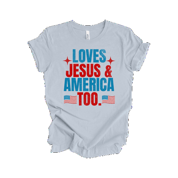 Patriot Pride Reckless Patriot Women's 4th of July Graphic T-Shirt - Loves Jesus & America Too Design-Light Blue-xl