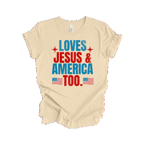 Patriot Pride Reckless Patriot Women's 4th of July Graphic T-Shirt - Loves Jesus & America Too Design-Soft Cream-large