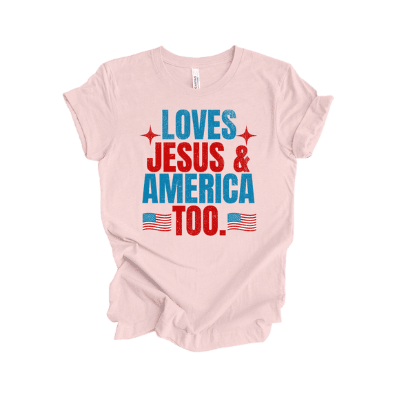 Patriot Pride Reckless Patriot Women's 4th of July Graphic T-Shirt - Loves Jesus & America Too Design-Soft Pink-medium