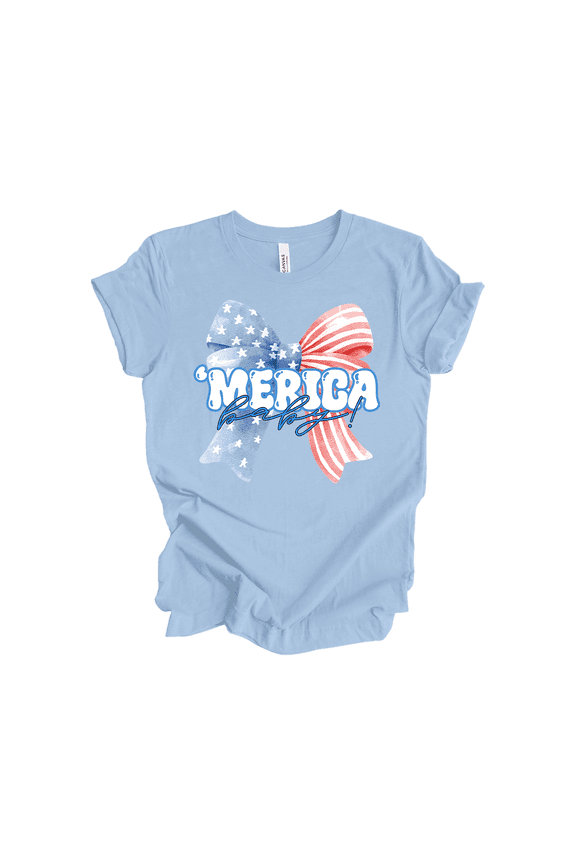 Patriot Pride Reckless Patriot Women's 4th of July Graphic T-Shirt - 'Merica Baby! Patriotic Bow Design-Baby Blue-4xl